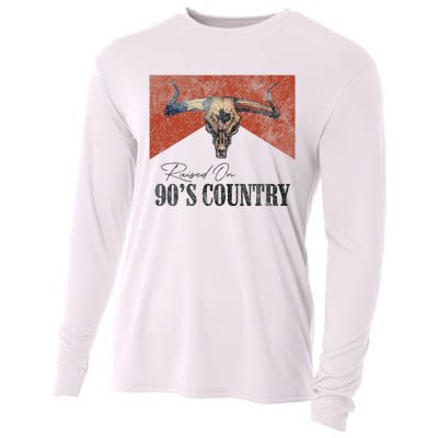 Vintage Raised On 90S Country Music Bull Skull Western Cooling Performance Long Sleeve Crew