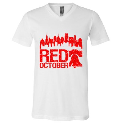 Vintage Red October Philadelphia Skyline Baseball V-Neck T-Shirt