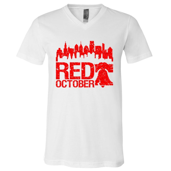 Vintage Red October Philadelphia Skyline Baseball V-Neck T-Shirt