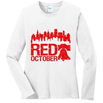 Vintage Red October Philadelphia Skyline Baseball Ladies Long Sleeve Shirt