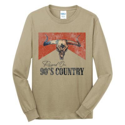 Vintage Raised On 90s Country Music Bull Skull Western Tall Long Sleeve T-Shirt