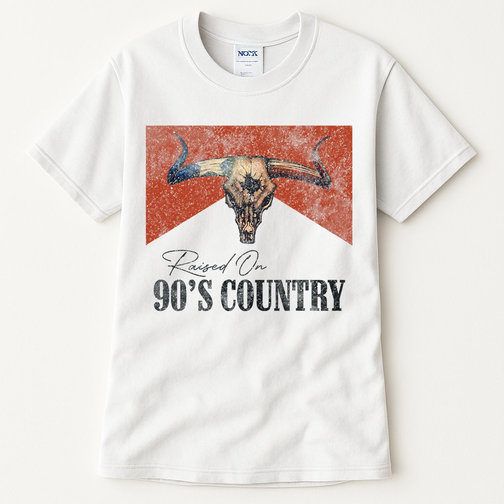 Vintage Raised On 90s Country Music Bull Skull Western Tall T-Shirt