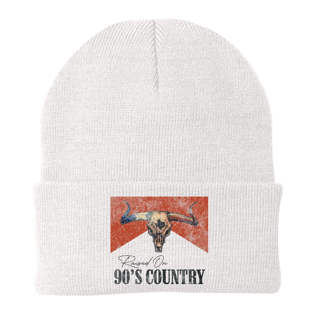 Vintage Raised On 90s Country Music Bull Skull Western Beanie