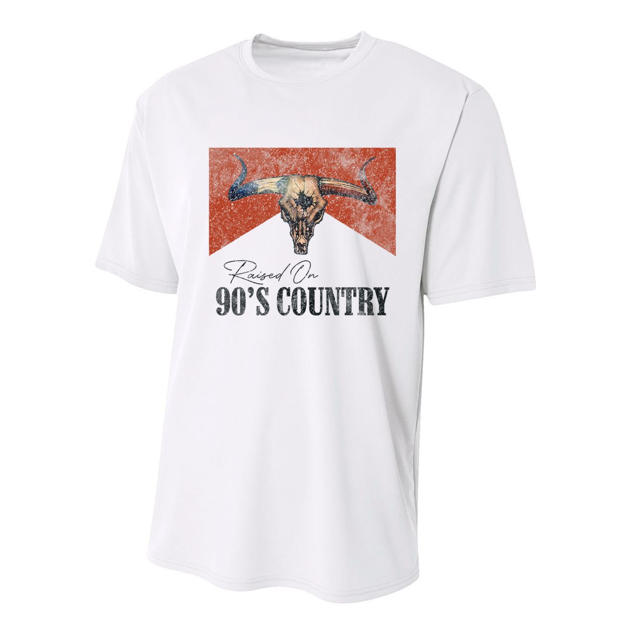 Vintage Raised On 90s Country Music Bull Skull Western Youth Performance Sprint T-Shirt