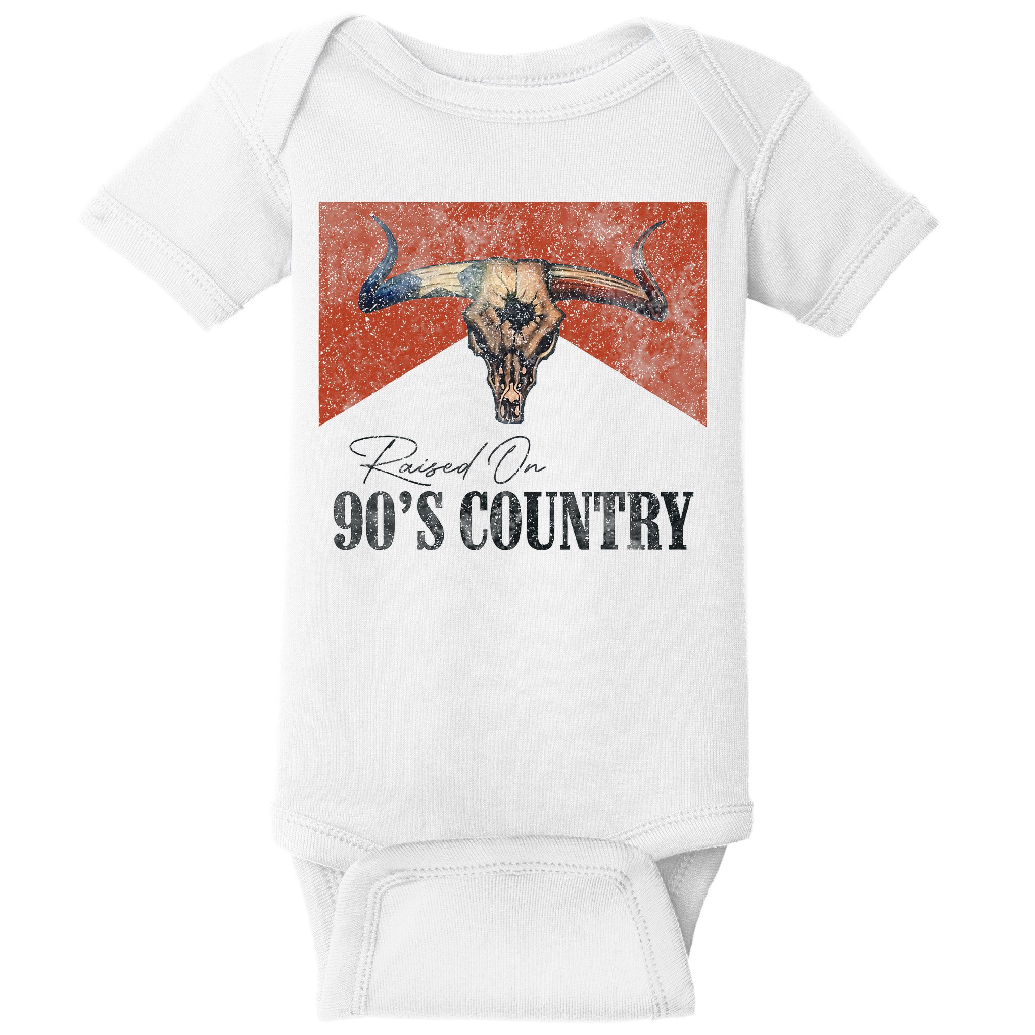 Vintage Raised On 90s Country Music Bull Skull Western Baby Bodysuit