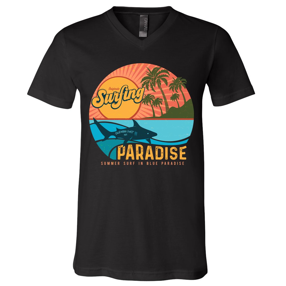 Vintage Retro Orignal Surfing Paradise Shark V-Neck T-Shirt