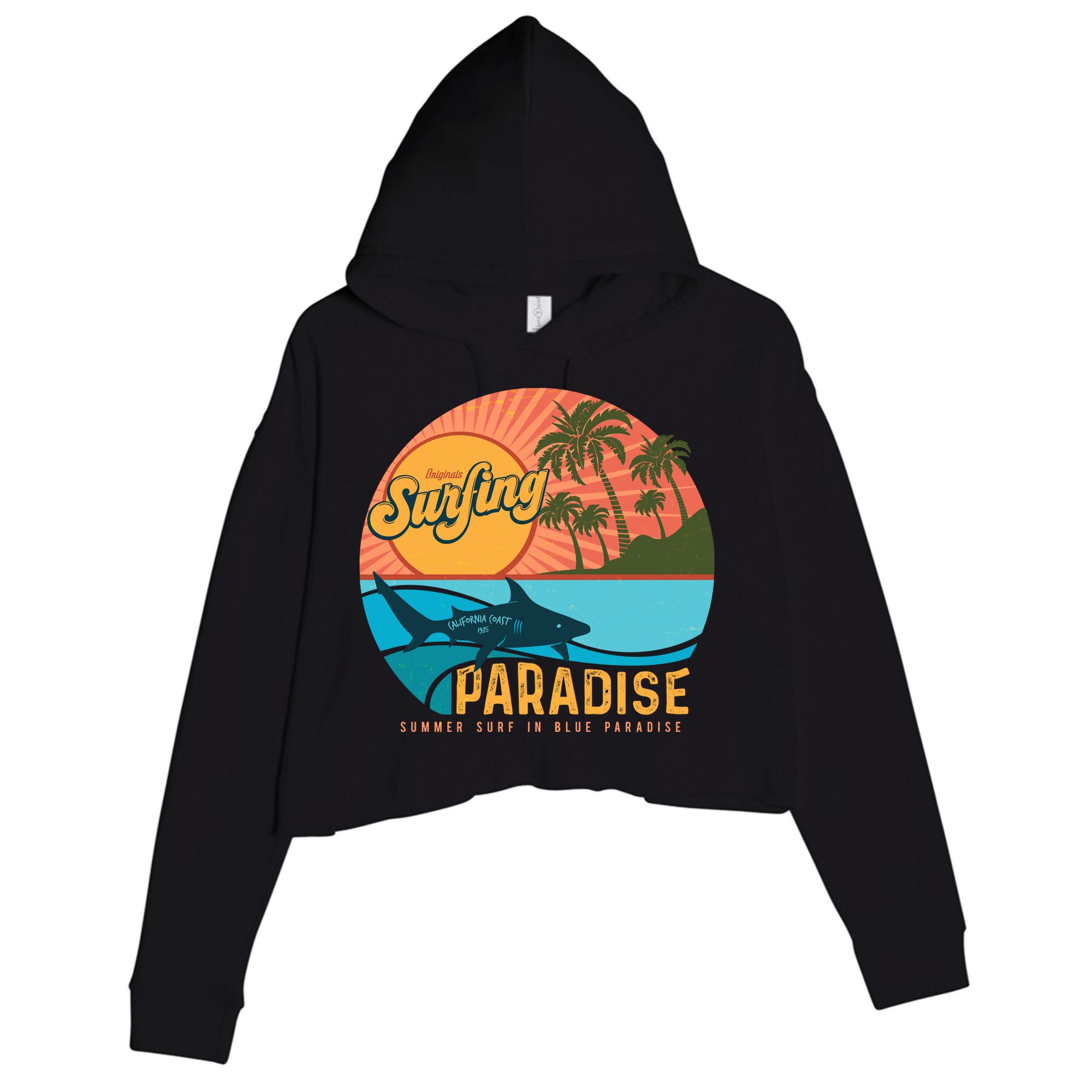 Vintage Retro Orignal Surfing Paradise Shark Crop Fleece Hoodie