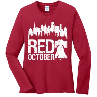 Vintage Red October Philadelphia Skyline Baseball Ladies Long Sleeve Shirt