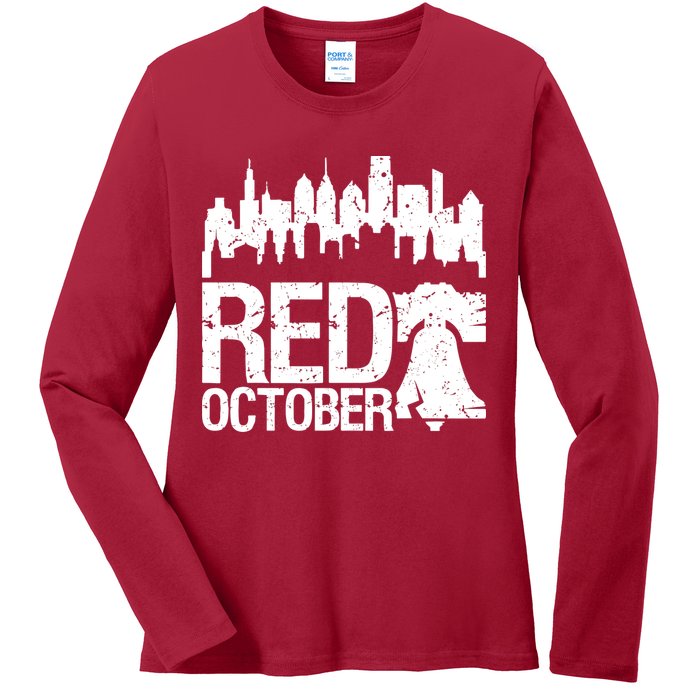 Vintage Red October Philadelphia Skyline Baseball Ladies Long Sleeve Shirt