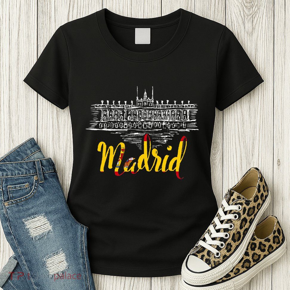 Vintage Royal Palace In Madrid With Spain Flag Womens T-Shirt