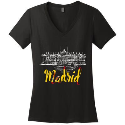Vintage Royal Palace In Madrid With Spain Flag Women's V-Neck T-Shirt
