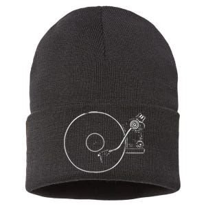 Vinyl Record Player Sketch Drawing Sustainable Knit Beanie