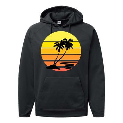 Vintage Retro Palm Tree Sunset Performance Fleece Hoodie