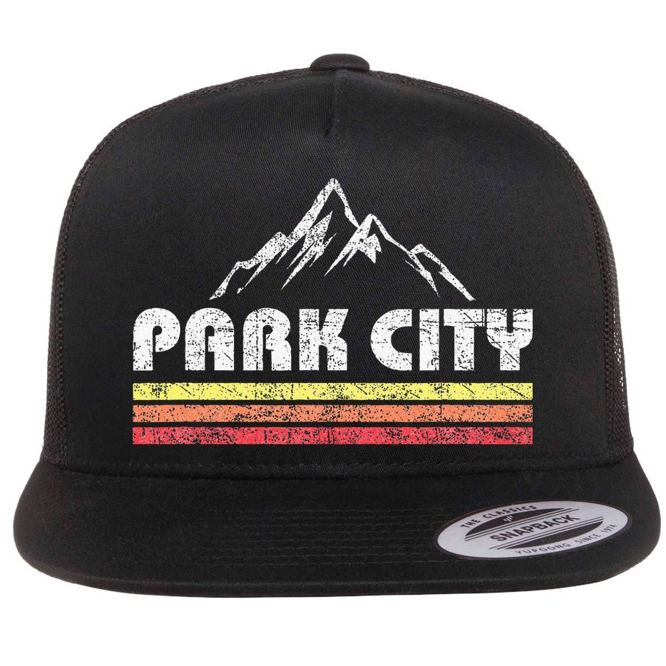 Vintage Retro Park City Utah Mountain Faded Bars Ski Sports Flat Bill Trucker Hat