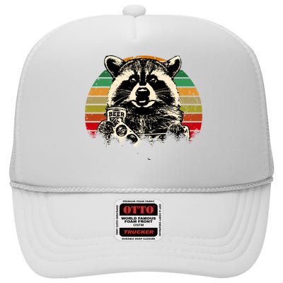 Vintage Raccoon Pizza And Beer High Crown Mesh Back Trucker Hat