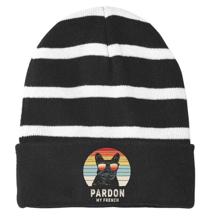 Vintage Retro Pardon My French Frenchie Bulldog Dog Striped Beanie with Solid Band