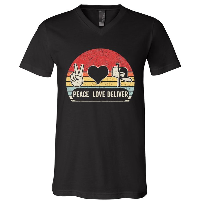 Vintage Retro Peace Love Deliver Post Box Cute Postal Worker V-Neck T-Shirt