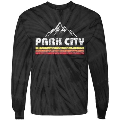 Vintage Retro Park City Utah Mountain Faded Bars Ski Sports Tie-Dye Long Sleeve Shirt