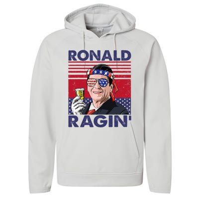 Vintage Ronald Ragin' Funny 4th Of July Drinking Presidents Performance Fleece Hoodie