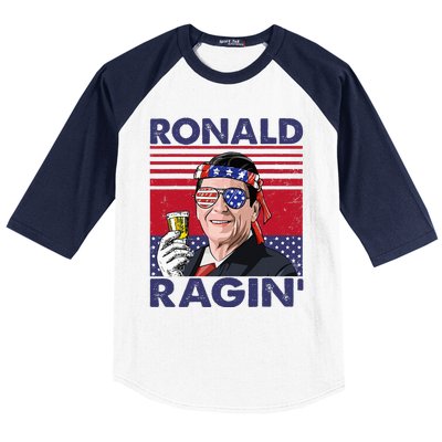 Vintage Ronald Ragin' Funny 4th Of July Drinking Presidents Baseball Sleeve Shirt