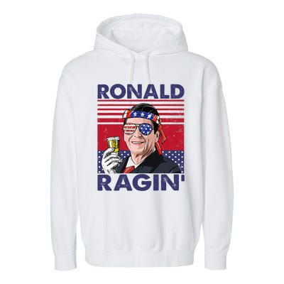 Vintage Ronald Ragin' Funny 4th Of July Drinking Presidents Garment-Dyed Fleece Hoodie