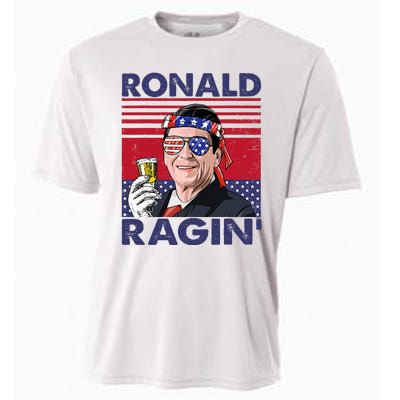 Vintage Ronald Ragin' Funny 4th Of July Drinking Presidents Cooling Performance Crew T-Shirt