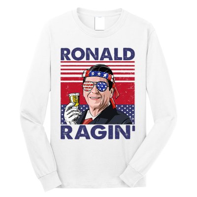 Vintage Ronald Ragin' Funny 4th Of July Drinking Presidents Long Sleeve Shirt