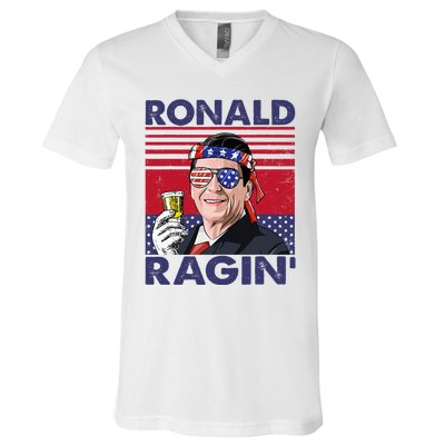 Vintage Ronald Ragin' Funny 4th Of July Drinking Presidents V-Neck T-Shirt