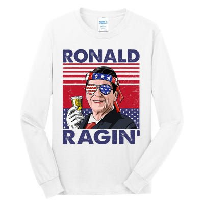 Vintage Ronald Ragin' Funny 4th Of July Drinking Presidents Tall Long Sleeve T-Shirt