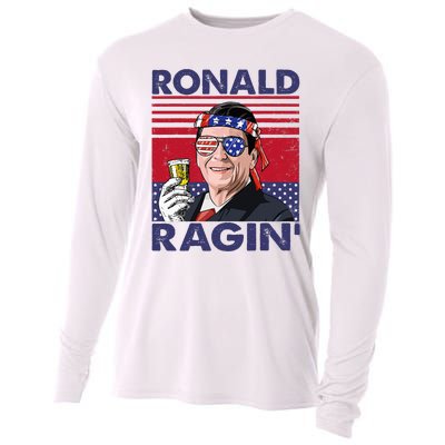 Vintage Ronald Ragin' Funny 4th Of July Drinking Presidents Cooling Performance Long Sleeve Crew