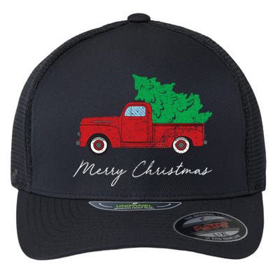 Vintage Retro Red Truck Pick Up Christmas Tree Xmas Funny Gift Cute Gift Flexfit Unipanel Trucker Cap