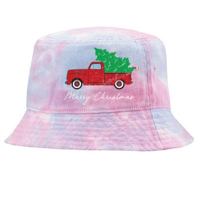 Vintage Retro Red Truck Pick Up Christmas Tree Xmas Funny Gift Cute Gift Tie-Dyed Bucket Hat