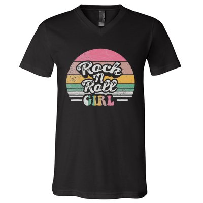 Vintage Retro Rock N Roll Girl V-Neck T-Shirt