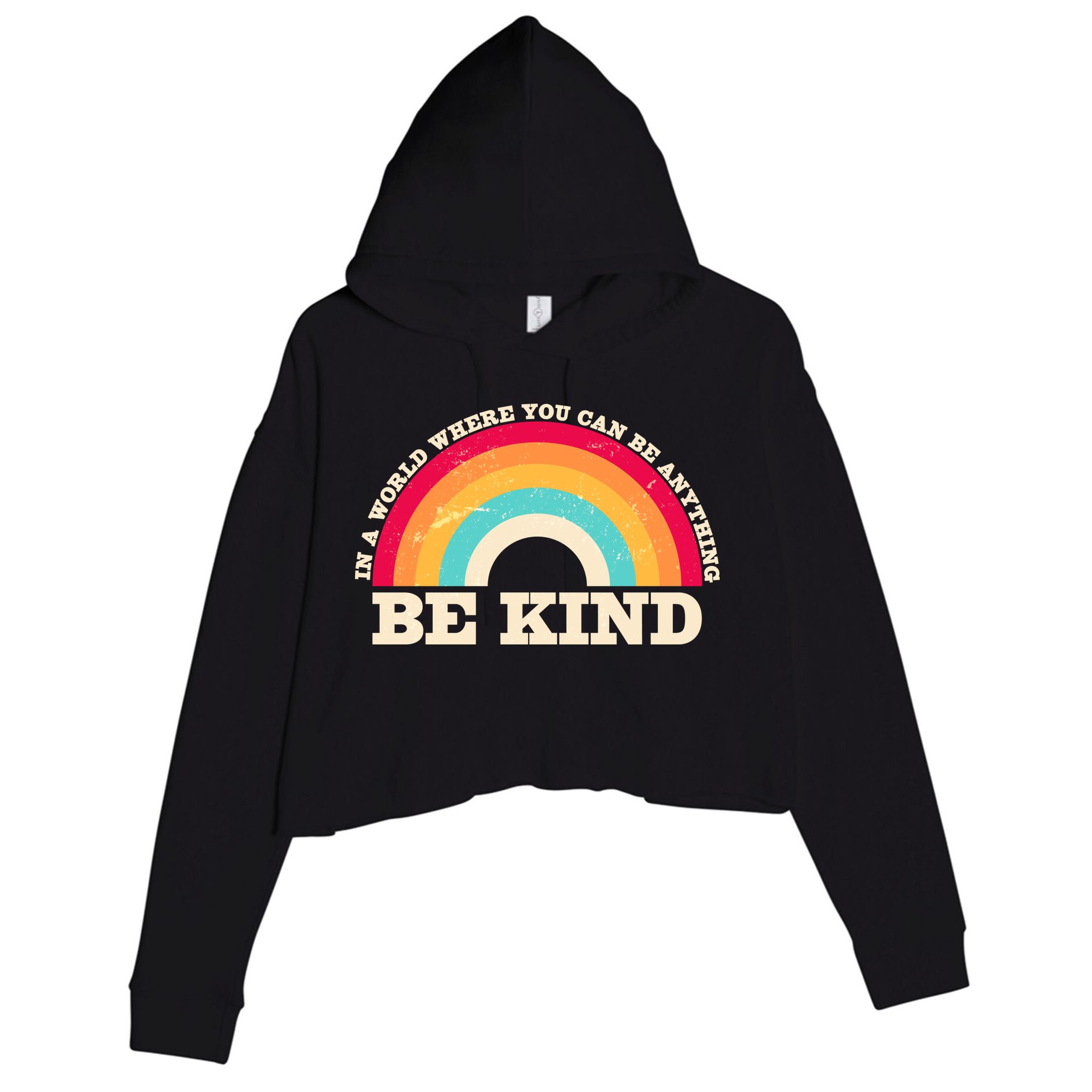 Vintage Retro Rainbow Be Kind Crop Fleece Hoodie