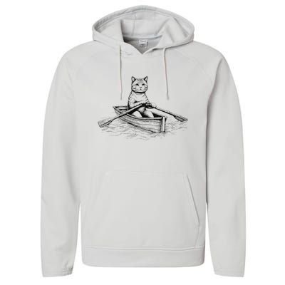 Vintage Retro Rowing Cat Kitten Lover Performance Fleece Hoodie