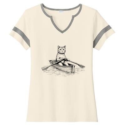 Vintage Retro Rowing Cat Kitten Lover Ladies Halftime Notch Neck Tee