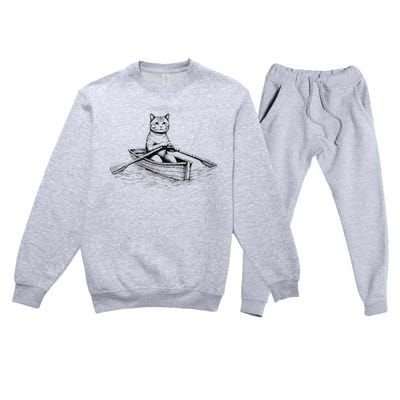 Vintage Retro Rowing Cat Kitten Lover Premium Crewneck Sweatsuit Set