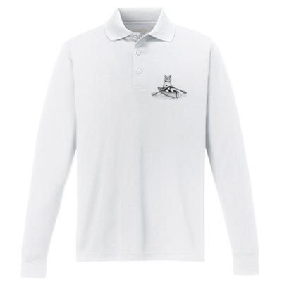 Vintage Retro Rowing Cat Kitten Lover Performance Long Sleeve Polo