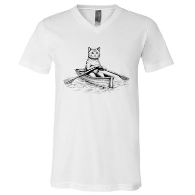 Vintage Retro Rowing Cat Kitten Lover V-Neck T-Shirt