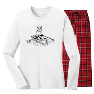 Vintage Retro Rowing Cat Kitten Lover Women's Long Sleeve Flannel Pajama Set 