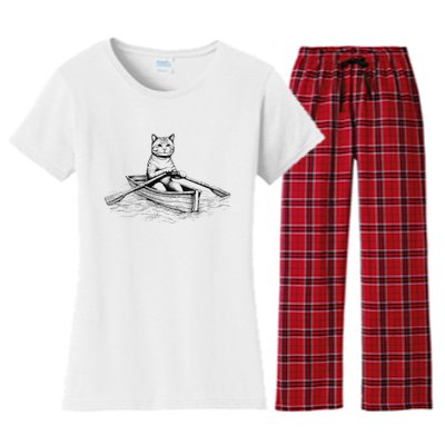 Vintage Retro Rowing Cat Kitten Lover Women's Flannel Pajama Set