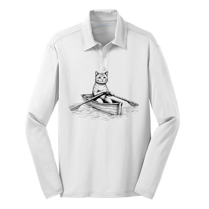 Vintage Retro Rowing Cat Kitten Lover Silk Touch Performance Long Sleeve Polo