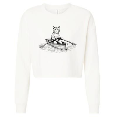 Vintage Retro Rowing Cat Kitten Lover Cropped Pullover Crew