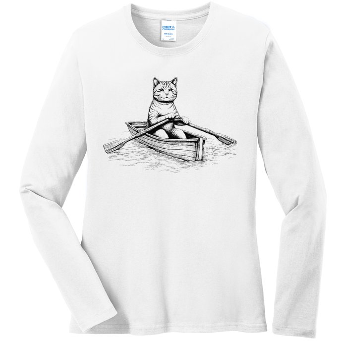 Vintage Retro Rowing Cat Kitten Lover Ladies Long Sleeve Shirt