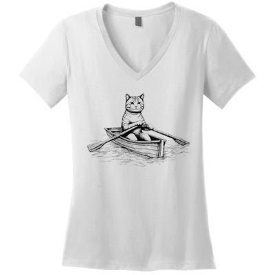 Vintage Retro Rowing Cat Kitten Lover Women's V-Neck T-Shirt