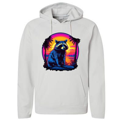 Vintage Retrowave Synthwave 80s Vaporwave Raccoon Performance Fleece Hoodie