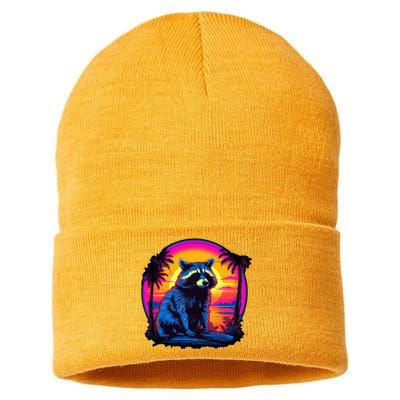 Vintage Retrowave Synthwave 80s Vaporwave Raccoon Sustainable Knit Beanie