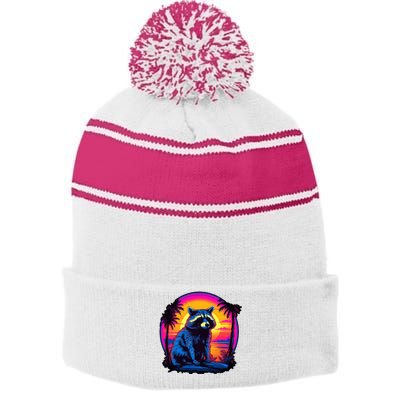 Vintage Retrowave Synthwave 80s Vaporwave Raccoon Stripe Pom Pom Beanie