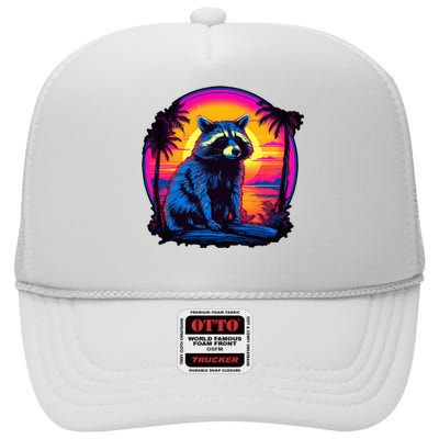 Vintage Retrowave Synthwave 80s Vaporwave Raccoon High Crown Mesh Back Trucker Hat