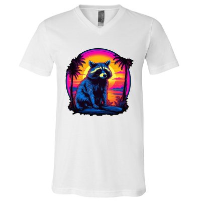 Vintage Retrowave Synthwave 80s Vaporwave Raccoon V-Neck T-Shirt